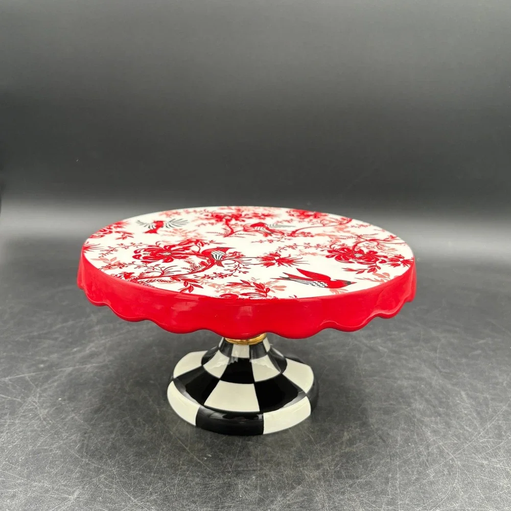 MacKenzie-Childs Cardinal Floral Cake Stand Courtly Check Base Red White Black
